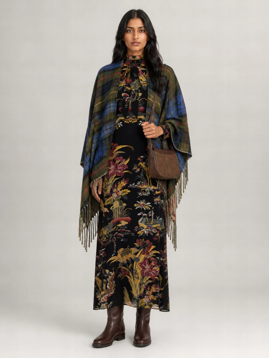 Etro Wool Silk Checked Poncho
