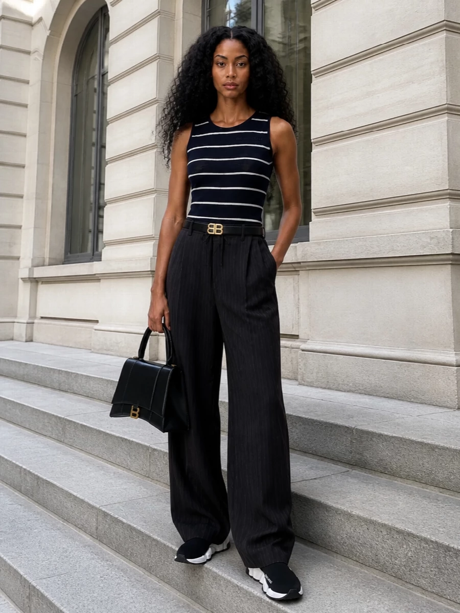 Balenciaga striped tank wide leg trousers outfit