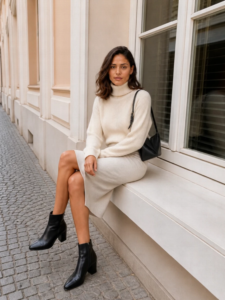 Jil sander neutral knit skirt ankle boots outfit