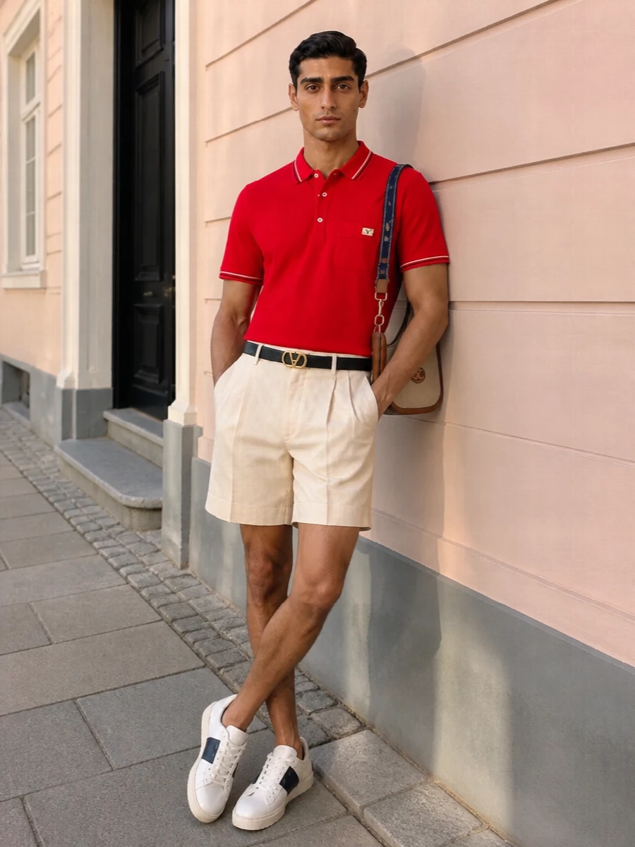 Valentino red polo cream shorts navy sneakers