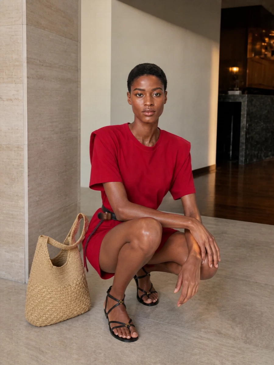 Deep red, sharp shoulders and a cinched waist give this mini a confident, late-night energy. Black strappy flats keep it grounded and easy, while the raffia hobo and sculptural belt warm the palette with a relaxed Parisian edge. The mix of clean lines and subtle texture feels unfussy but fully considered for city evenings or weekend plans.