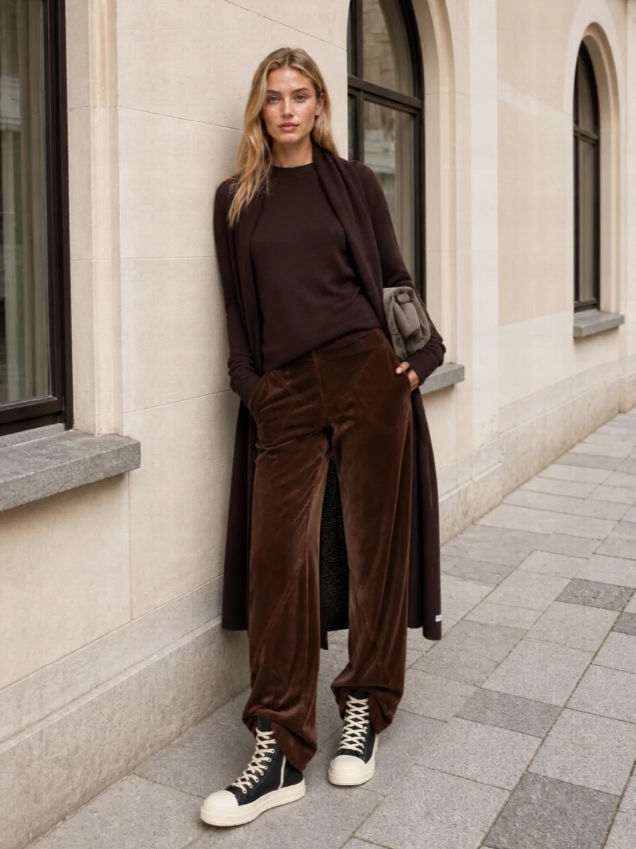 Rick owens cocoa knit velvet wide leg pants