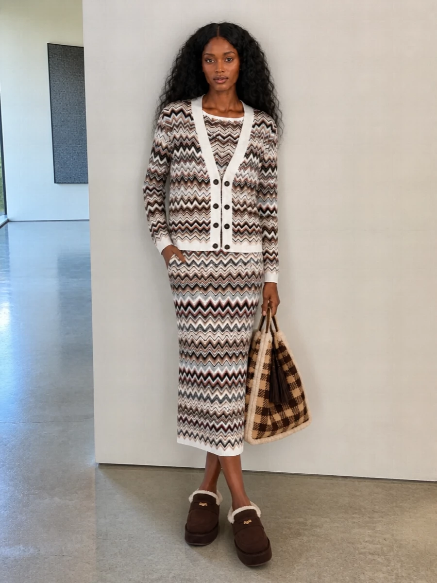 Missoni zigzag dress with miu miu shearling tote
