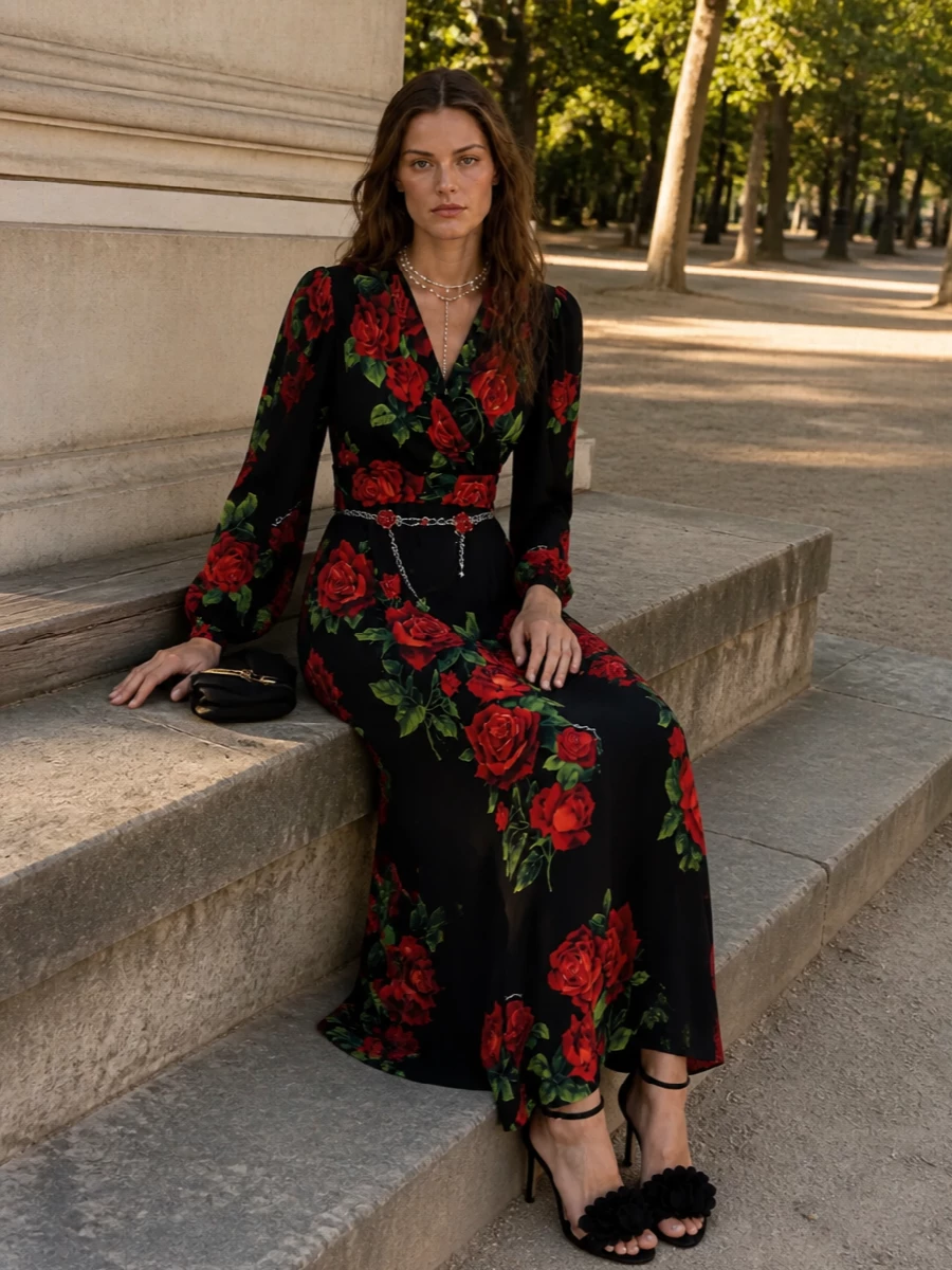 This is unapologetic Dolce&Gabbana romance for nights when you want the dress to do the talking. The fitted floral maxi sets a dramatic line, grounded by sculpted black stilettos and an inky velvet clutch, while pearls and a rose chain at the waist add just enough jewelry-like detail without overpowering the print. The result is cinematic, tailored and perfectly suited to candlelit dinners and formal soirées.