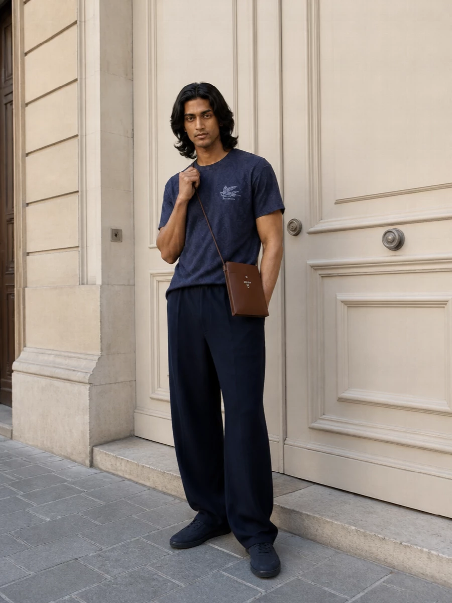 Midnight and ink navy play together in an easy, relaxed silhouette that feels thoughtful without trying too hard. The wide-leg trouser and tonal sneakers echo the tee’s soft drape, keeping everything fluid but precise. A slim chocolate crossbody finishes the palette with a subtle, refined contrast that still reads understated and modern.