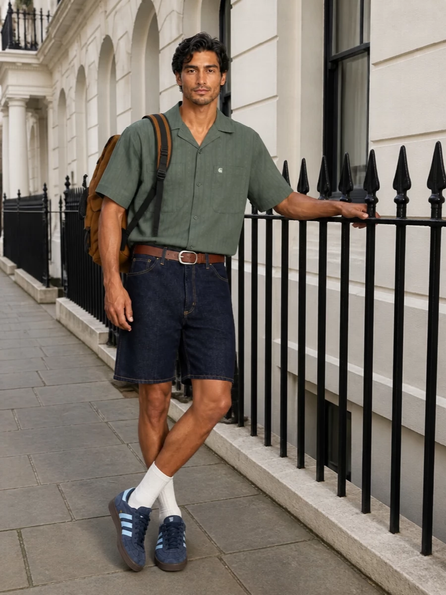 Dark indigo workwear shorts sit under a muted green camp shirt, keeping the palette grounded but not flat. Navy terrace trainers echo the cool tones and keep everything low to the ground. A caramel backpack and brown belt add warm hits that nod to utility gear without disturbing the clean, relaxed silhouette.