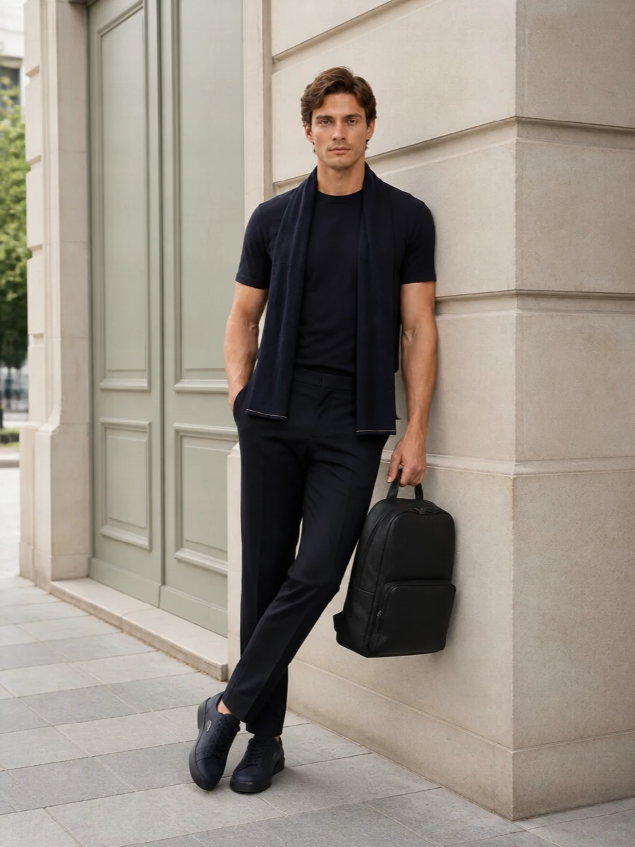Brioni navy tee tailored trouser prada sneakers
