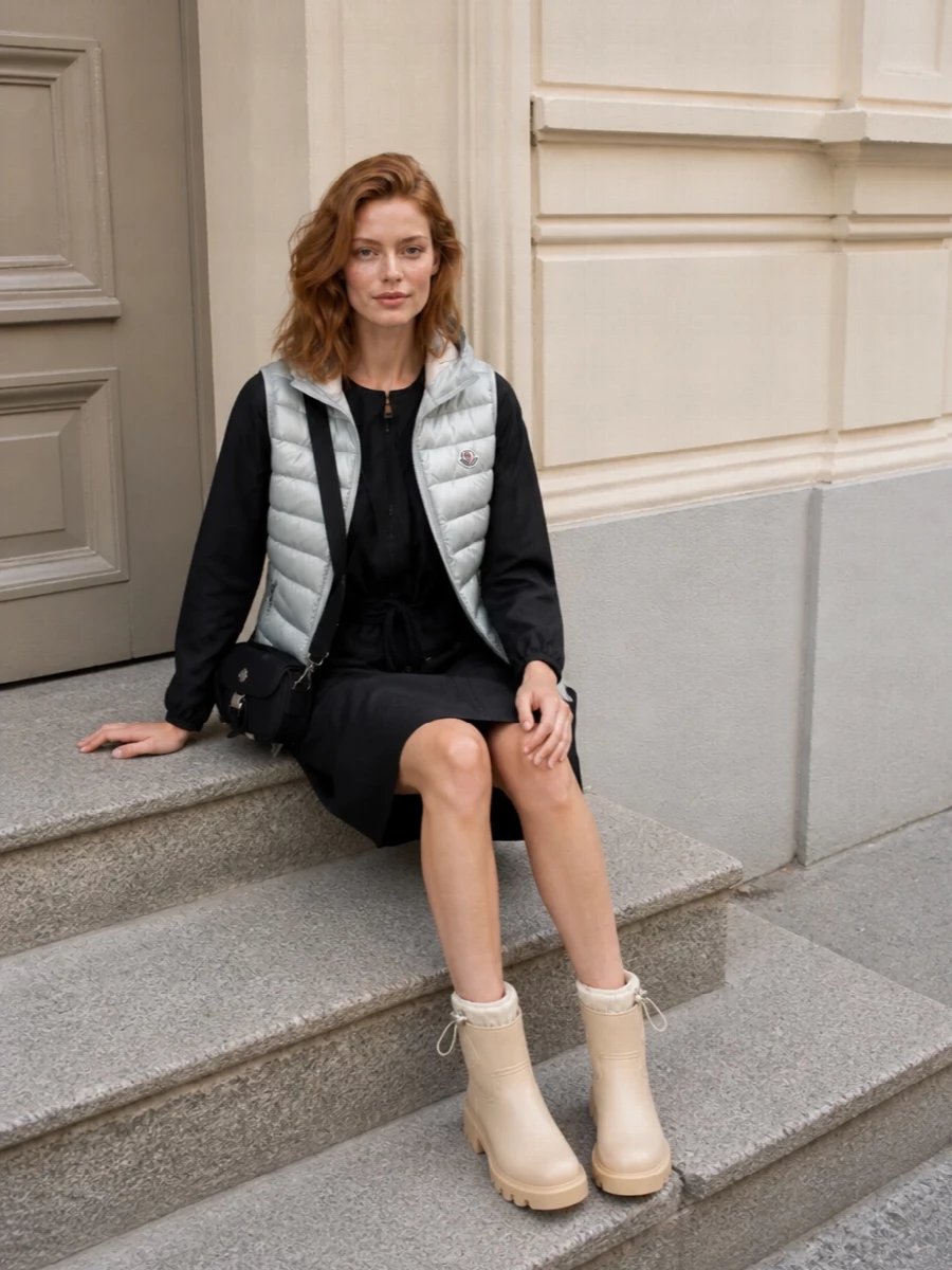 Moncler gilet black utility dress lug boots