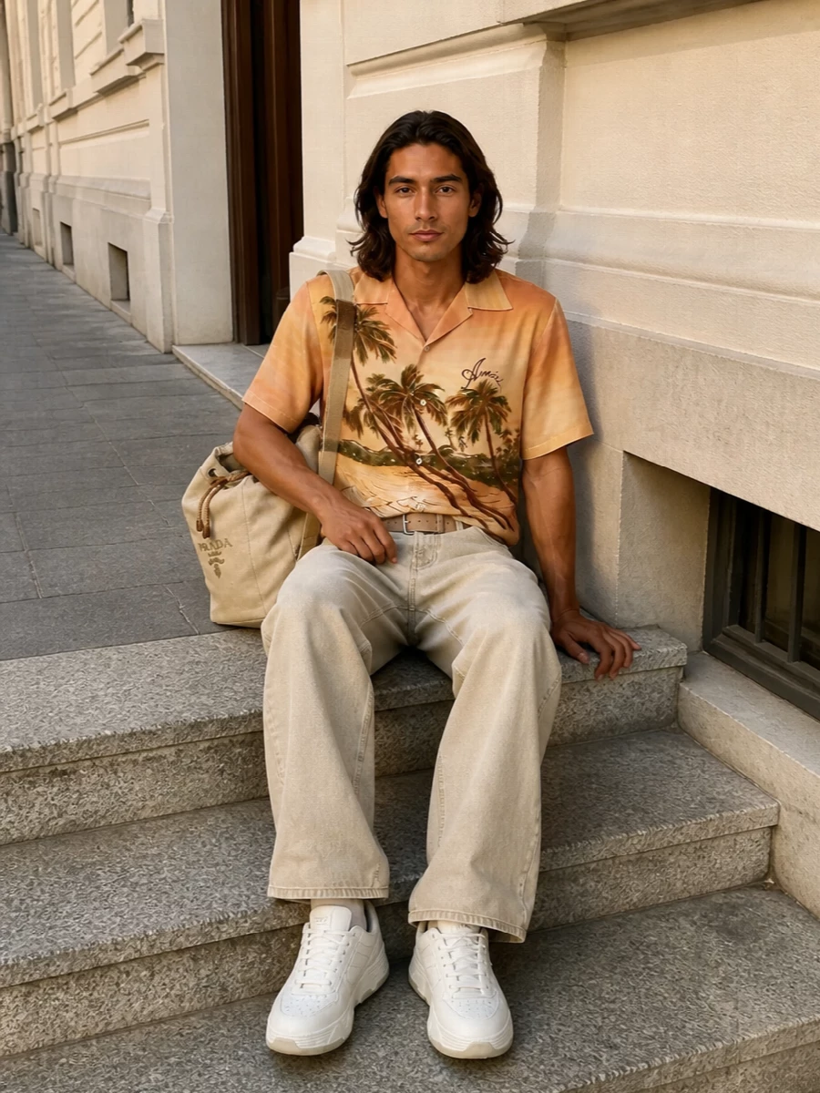 Amiri palm shirt sand wide leg jeans outfit