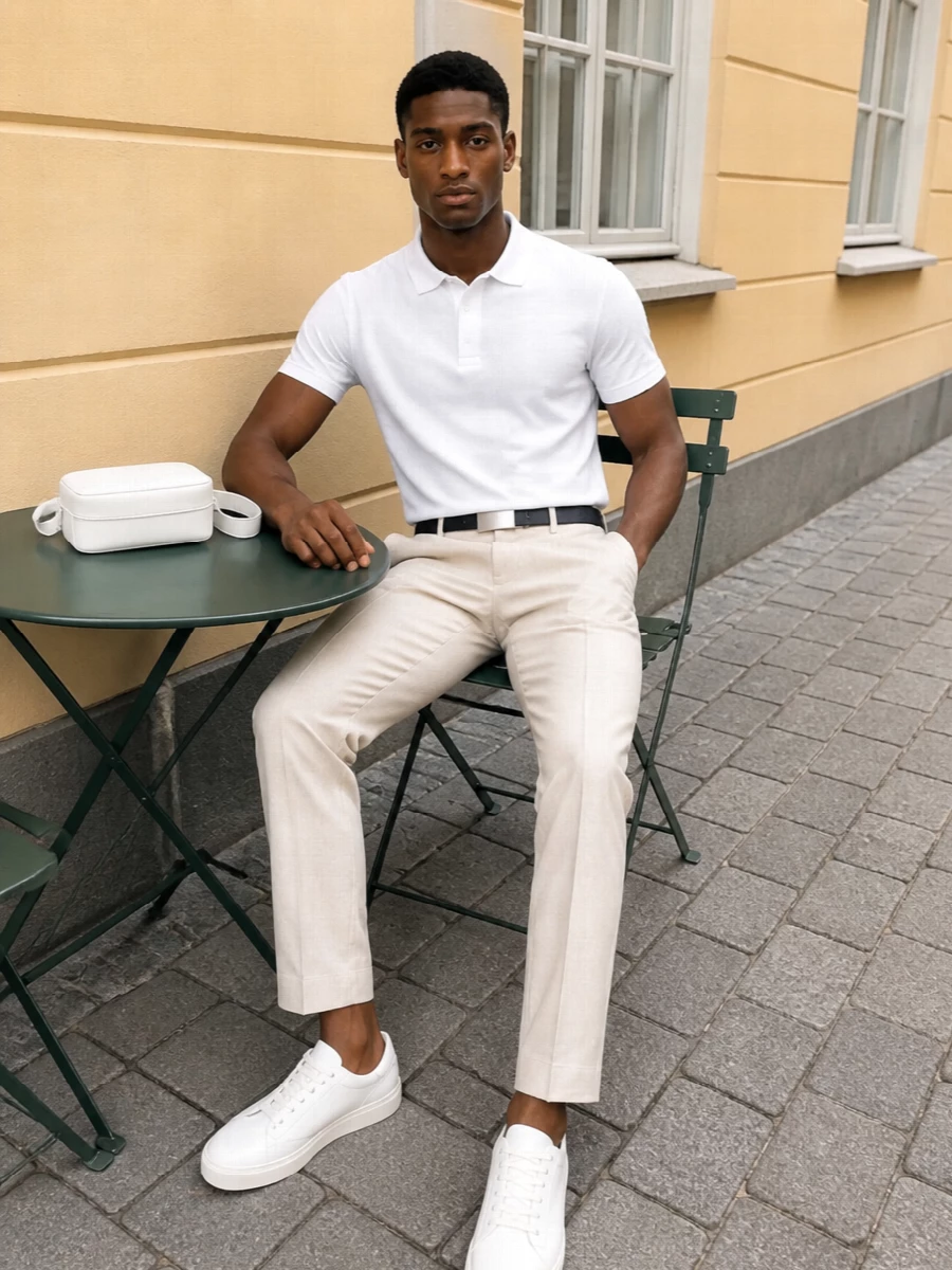 Etro white polo beige trousers prada sneakers