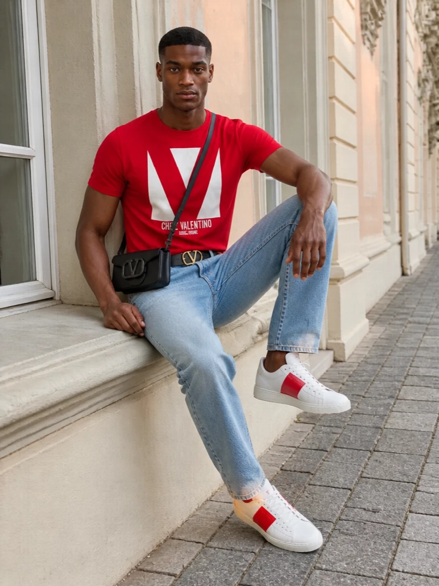 Valentino red and soft ivory sit against sun-faded denim for a clean, graphic take on casual city dressing. White sneakers echo the red hit in a minimal way, while a slim black crossbody and belt quietly sharpen the lines. It feels confident and easy, with just enough structure to move from daytime errands to a low-key dinner without changing a thing.