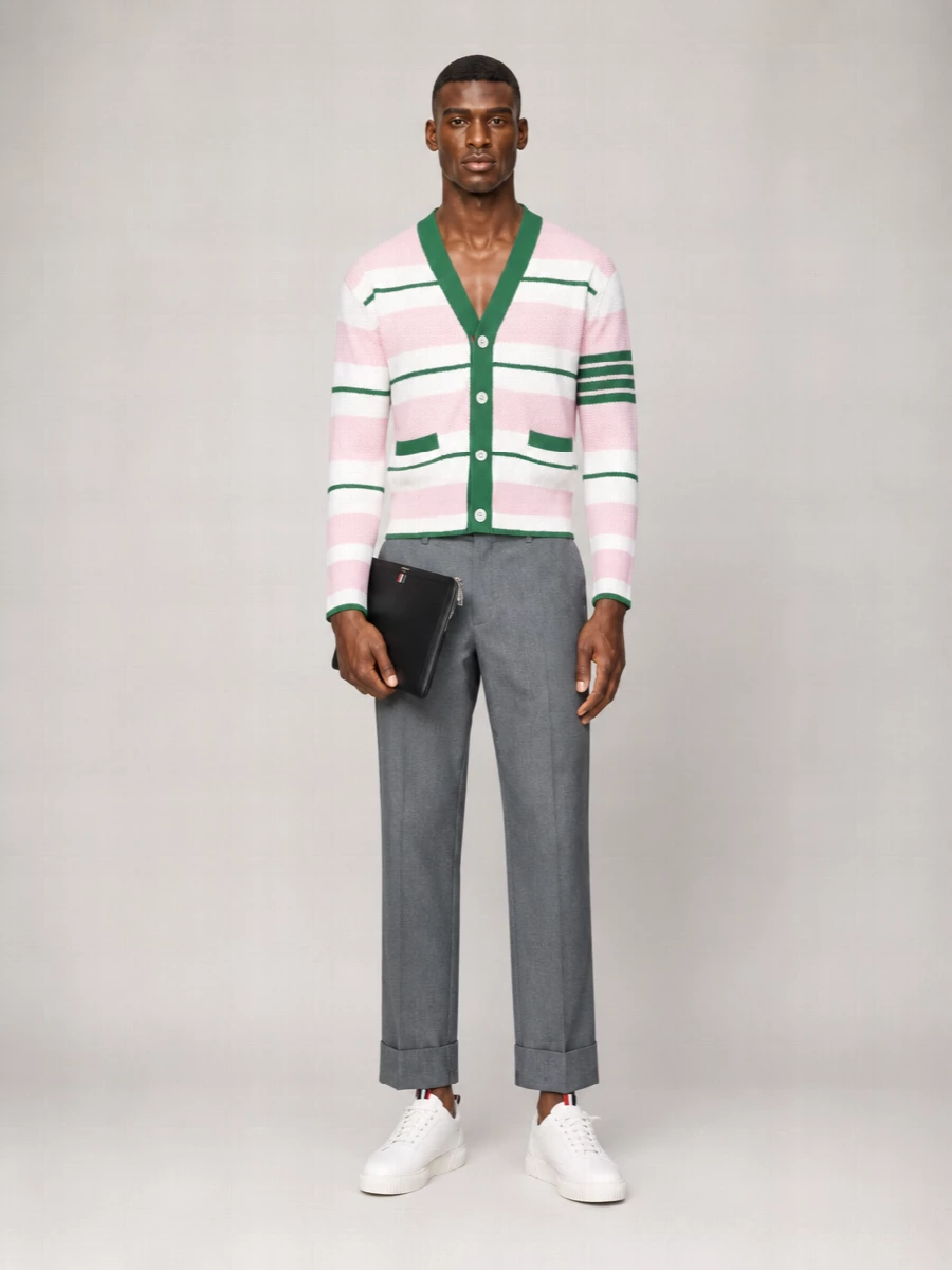 Thom Browne Cotton Striped Seed-Stitch Oversized V-Neck Cardigan