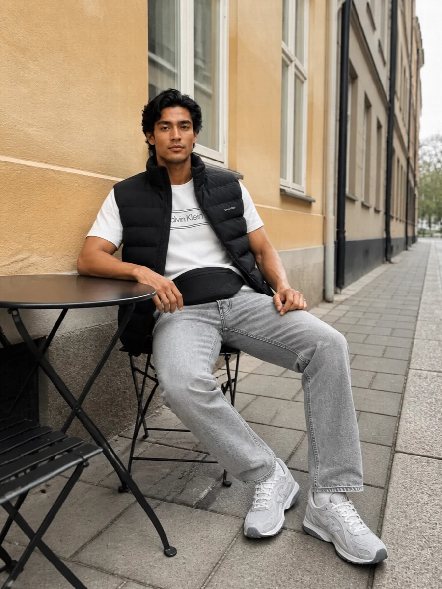 Calvin klein gilet grey jeans new balance outfit