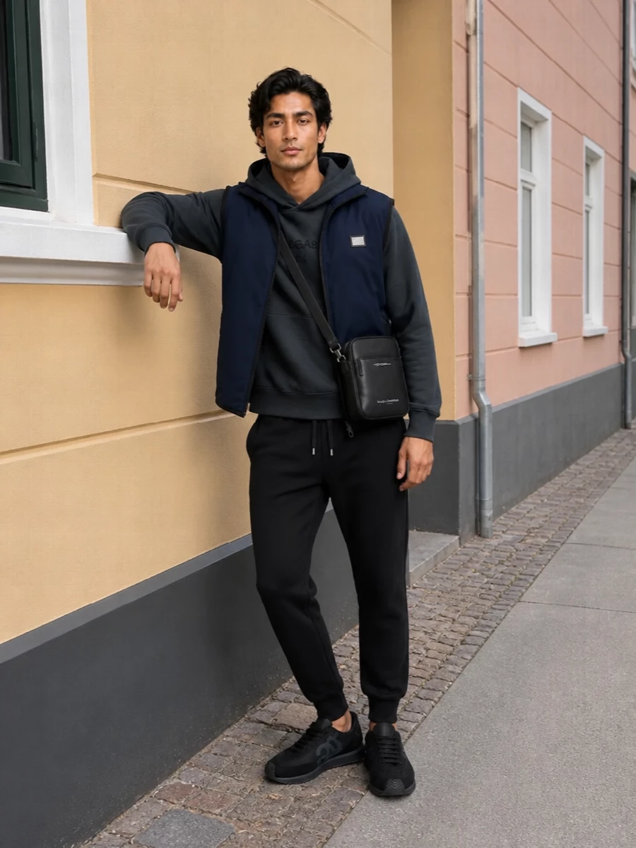 Dolce gabbana navy gilet joggers sneakers outfit
