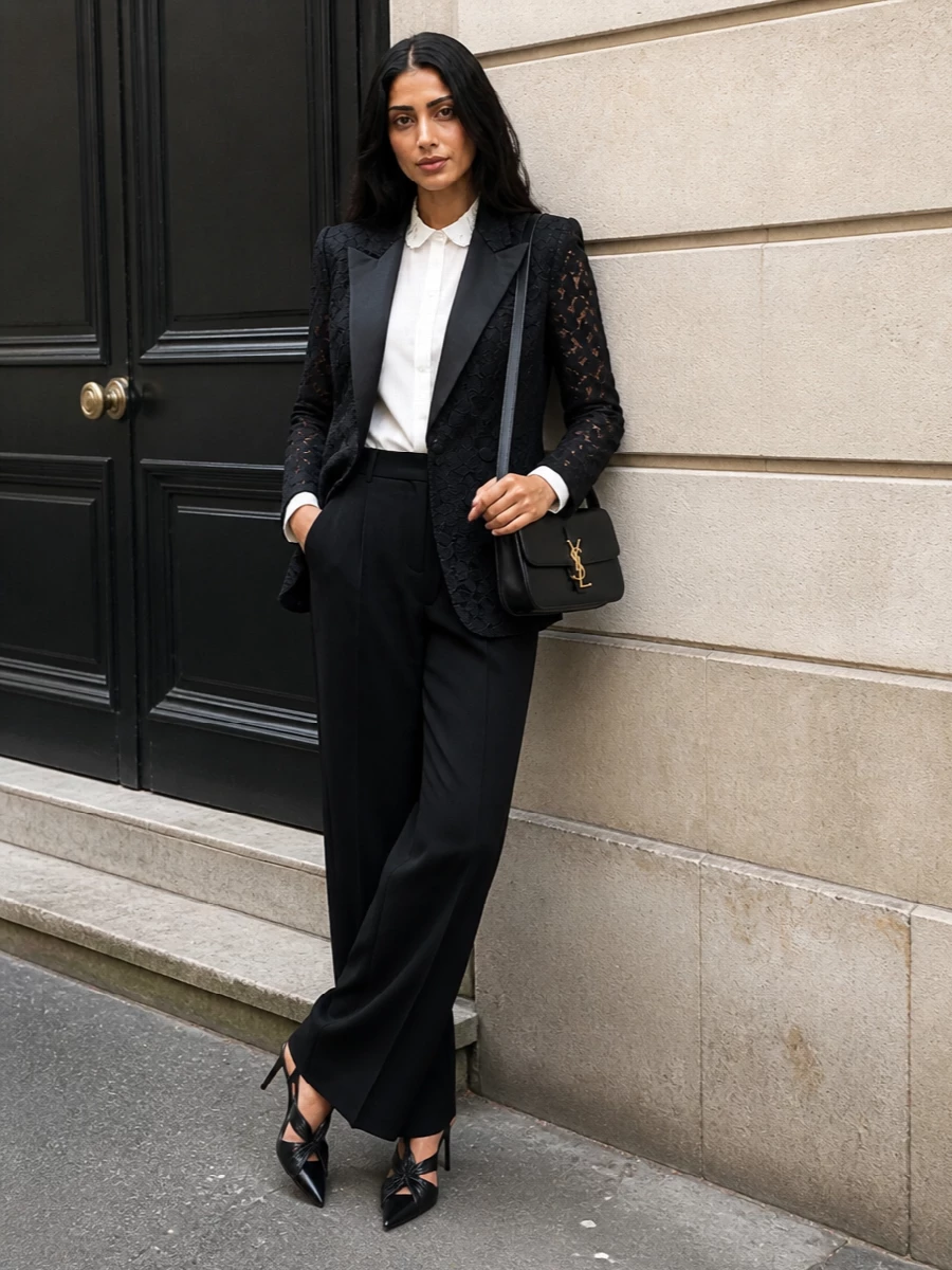 This look is a modern Saint Laurent smoking: a black floral-lace tuxedo blazer over an ivory lace-collar blouse, grounded by high-waisted, wide-leg black trousers for a long, powerful line. Cut-out stiletto pumps and a clean YSL-strap shoulder bag keep the mood nocturnal and precise, all in a tight black-and-ivory palette that feels distinctly Parisian and FW-ready. I chose the top-and-trouser route over a dress to honor the blazer’s tailored heritage and preserve its tuxedo impact as the outfit’s anchor.