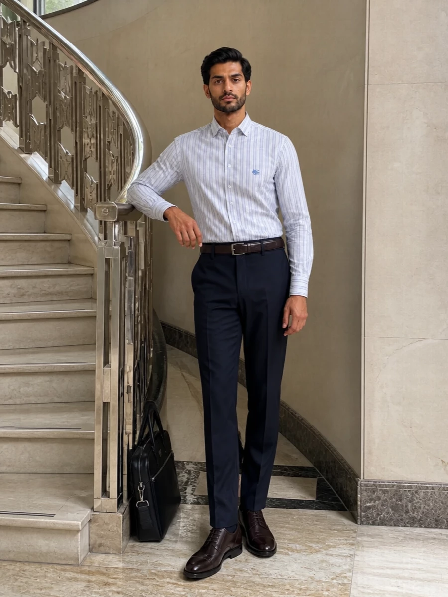A striped Etro shirt sits cleanly over deep navy tailored trousers for a crisp, modern office uniform. Dark brown derbies and a matching belt add warmth, while a black briefcase keeps the finish sharp and professional. The result is quietly refined, easy to wear from morning meetings through dinner in the city.