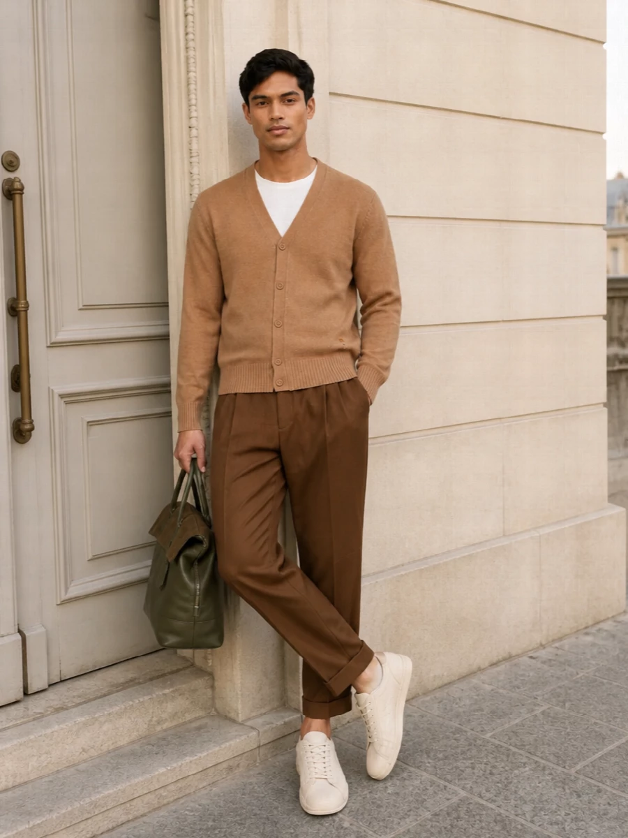Ami camel cardigan brown trousers outfit