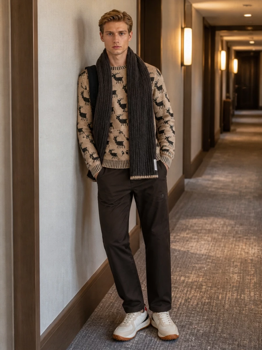 Moncler grenoble stag sweater brown trousers