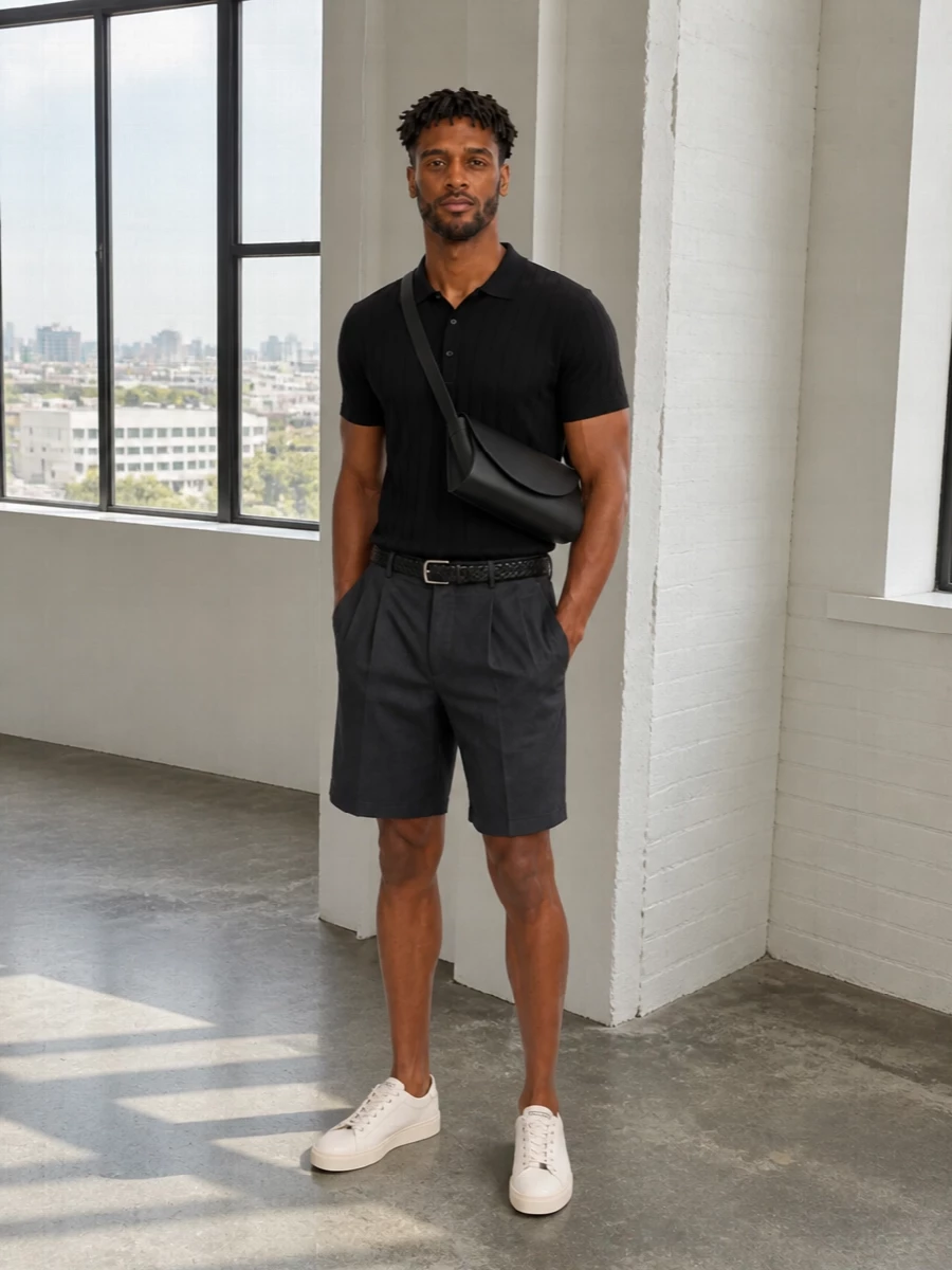 A black ribbed knit polo sits over deep charcoal tailored shorts for a calm, tonal summer uniform that feels considered without being stiff. Off white leather sneakers lighten the palette just enough, while a sculptural black shoulder bag and braided belt keep everything aligned with a minimalist, quiet luxury sensibility.