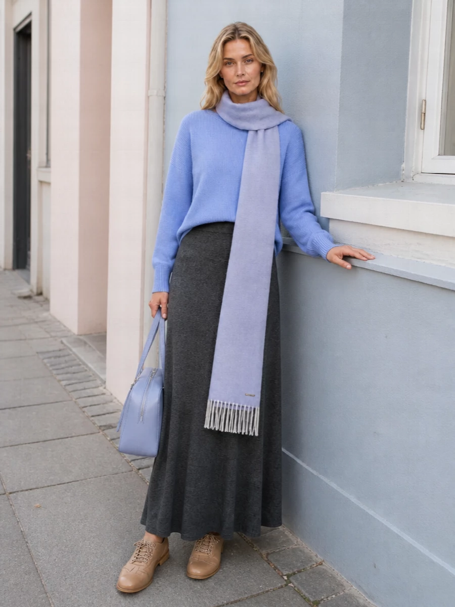 Lisa yang blue sweater charcoal maxi outfit