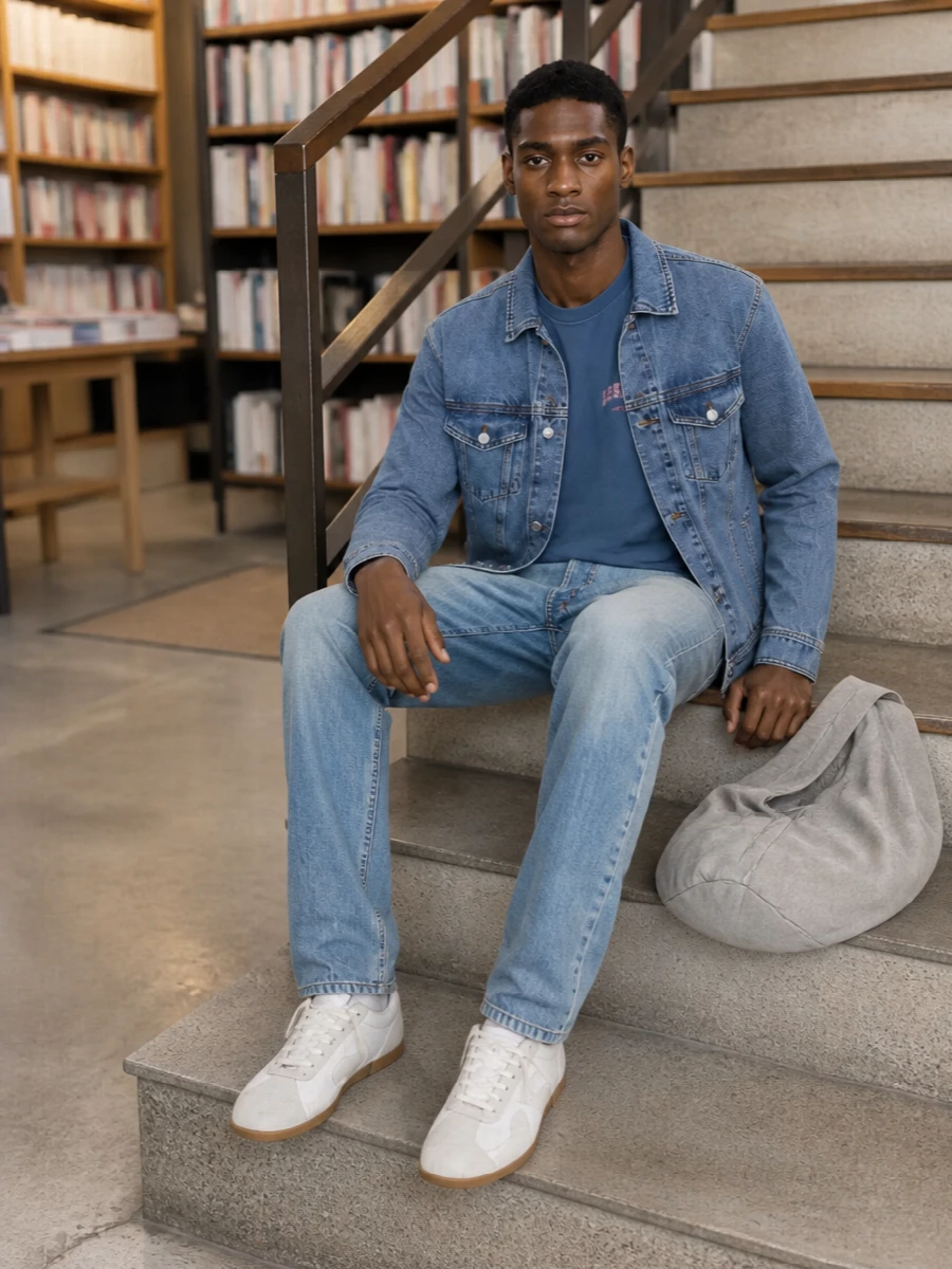 Mid blue denim on top and a faded straight jean create a clean, easy uniform, lifted by that washed slate tee and its soft hit of color. Off-white retro trainers and a washed stone hobo introduce light neutrals and texture, keeping the mood relaxed, modern and quietly put together for city days from coffee runs to late dinners.