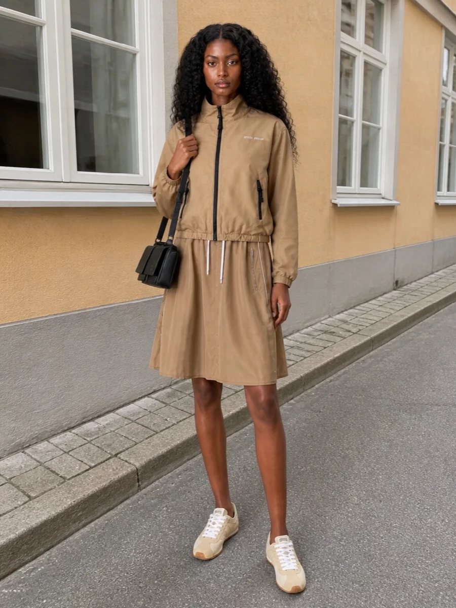 Miu miu tan utility dress beige sneakers
