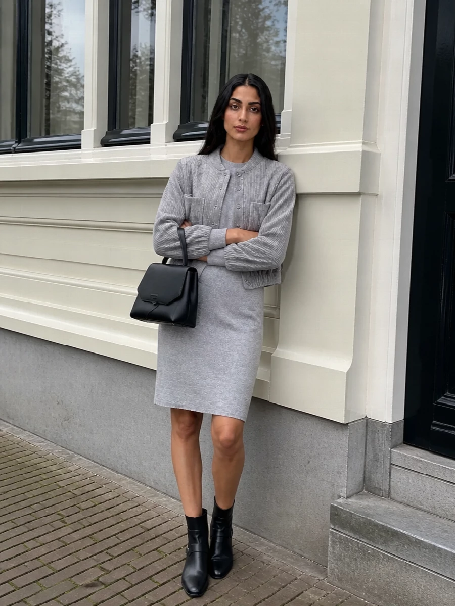 Emporio armani grey coat knit dress outfit