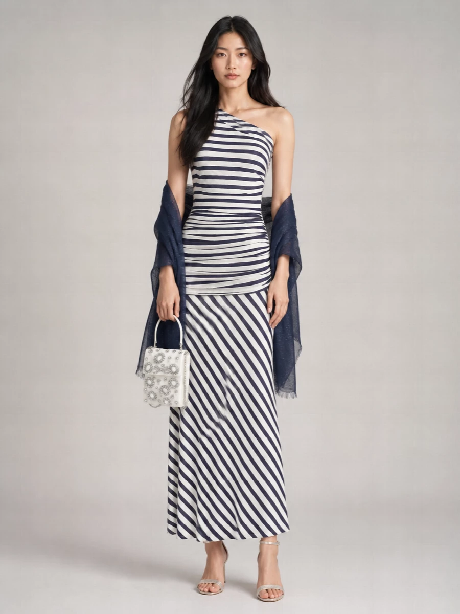 Self-Portrait Striped Draped Short-Sleeve High-Neck Maxi Dress