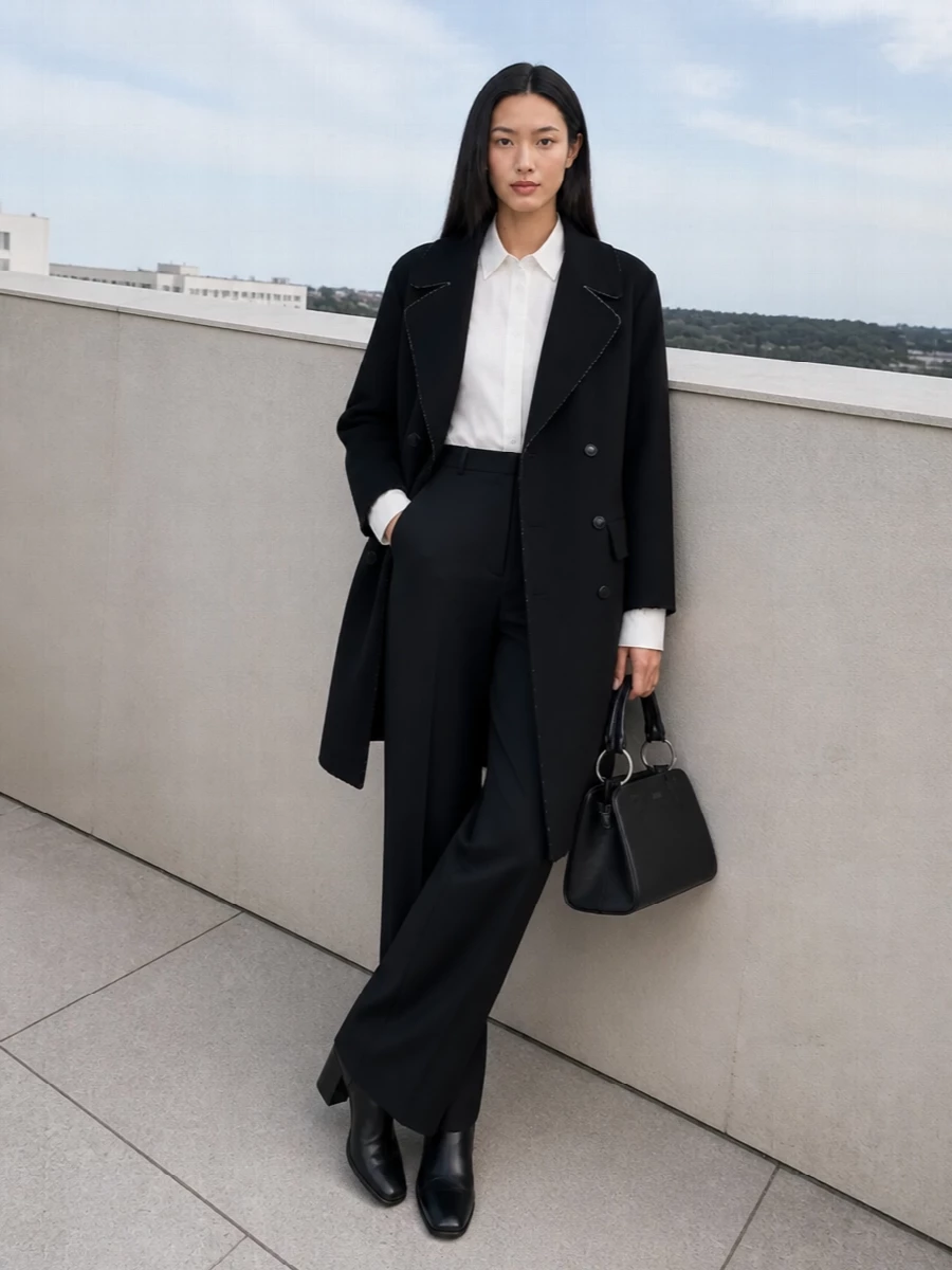 I am styling the coat with tailored separates rather than a dress so its straight, mid-length cut can sit over a long black trouser column for maximum quiet impact. The ivory shirt breaks the monochrome just enough, while sleek black ankle boots and a structured top-handle bag keep everything in the same minimal, Margiela-tailoring register. The result is a precise, winter-ready uniform that feels androgynous, calm and deliberately understated.