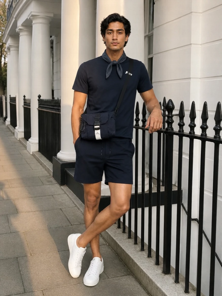 K way navy tee adidas white sneakers outfit