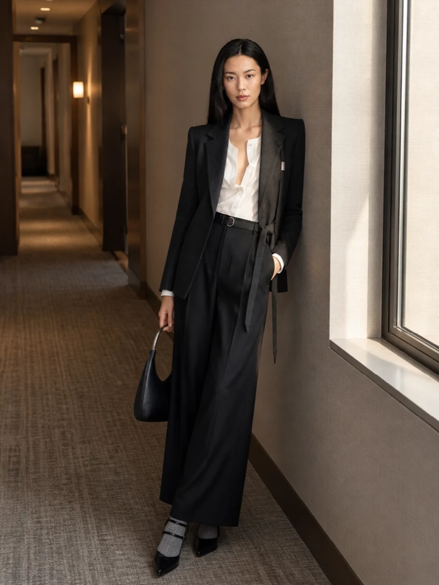 Ann demeulemeester blazer wide leg trousers outfit