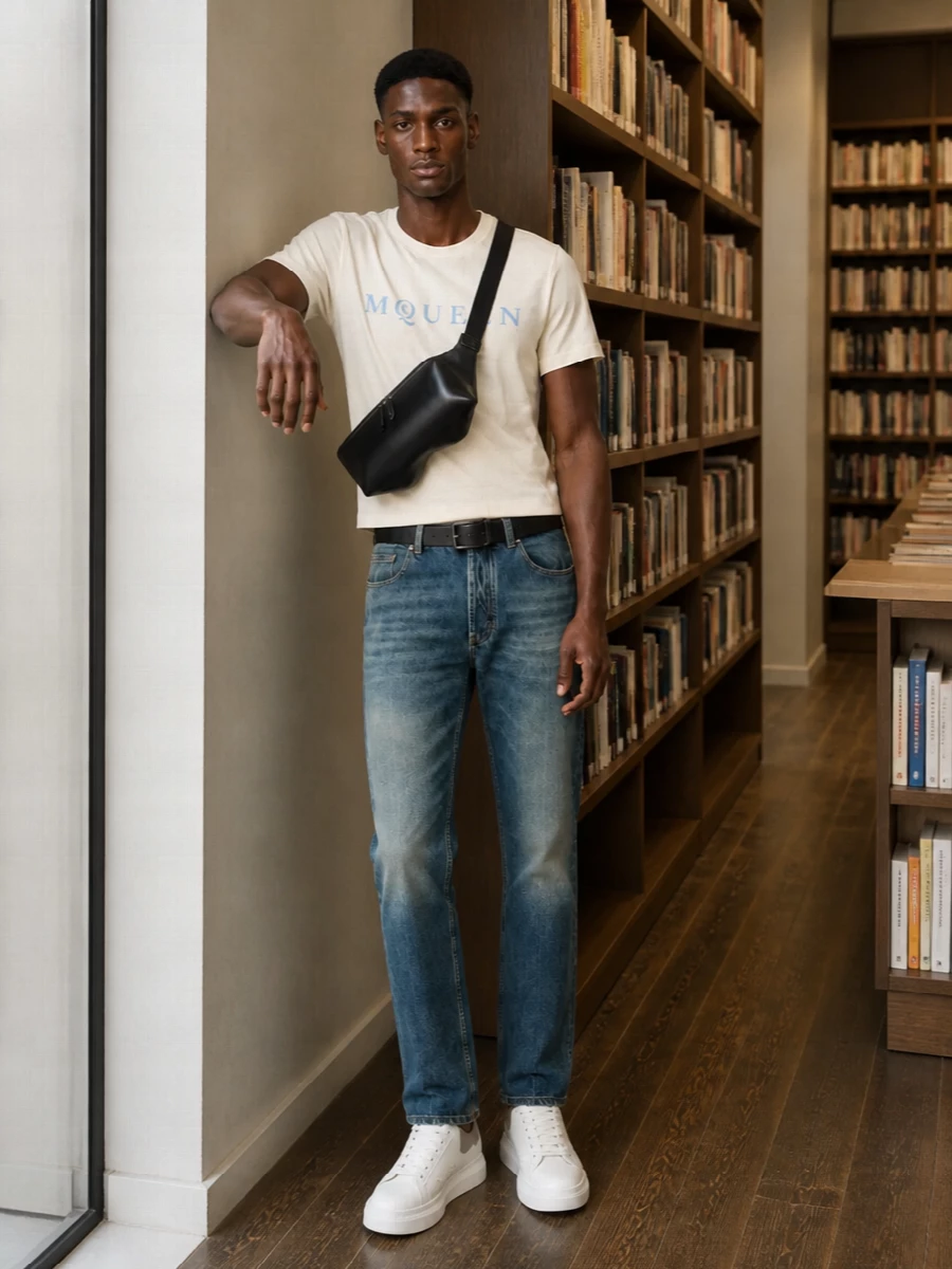 Alexander mcqueen jeans cream logo tee outfit