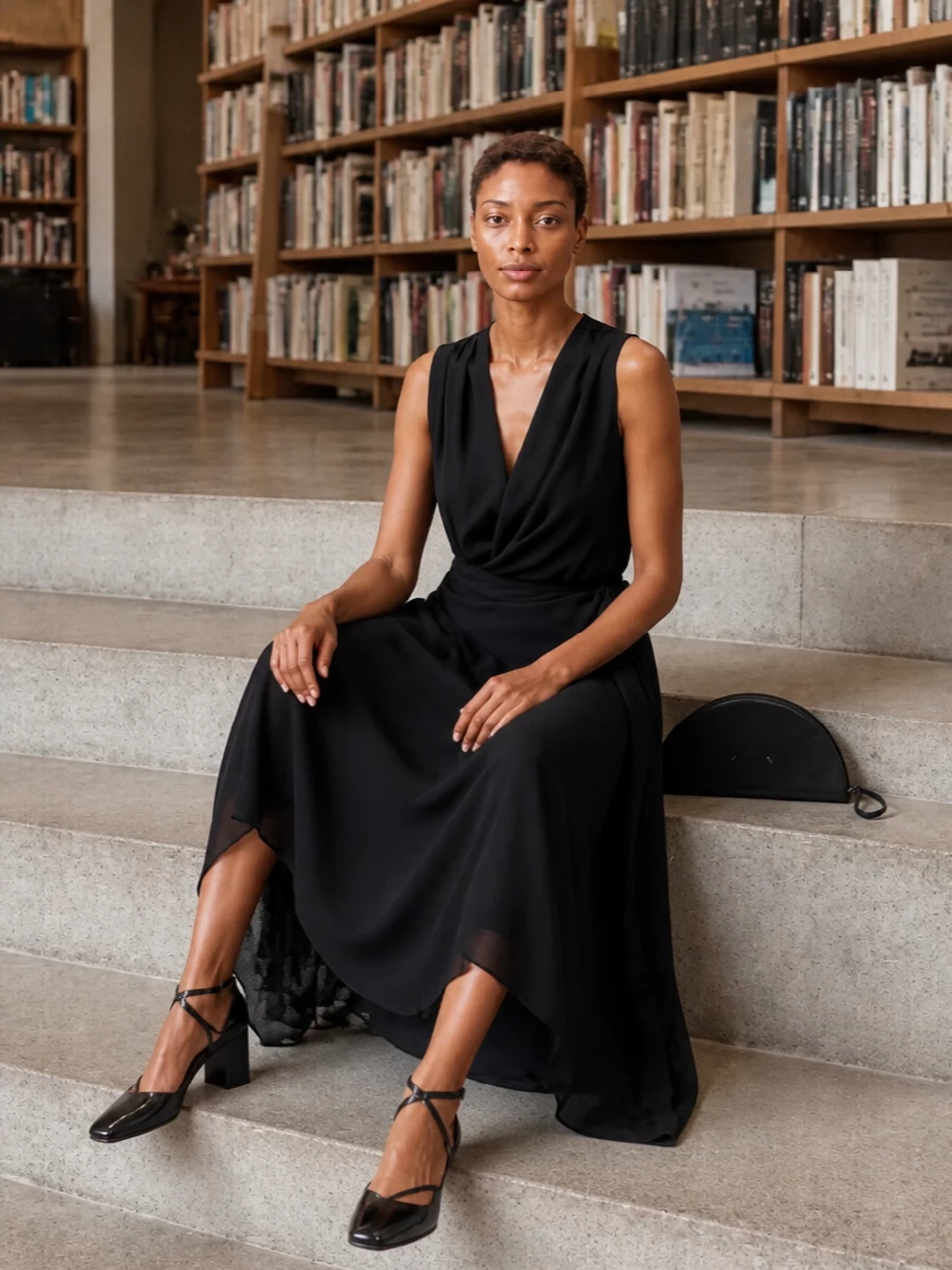 The black wrap midi dress and sculptural Margiela pumps read as a single, fluid line in deep noir, all about movement and cut rather than surface detail. The draped layers of the dress echo the graphic straps and block heel of the shoe, giving you a quietly dramatic evening ensemble that feels modern and minimal. A sharp black half-moon clutch finishes the composition with a clean, architectural curve and just enough shine for night-time rooms.