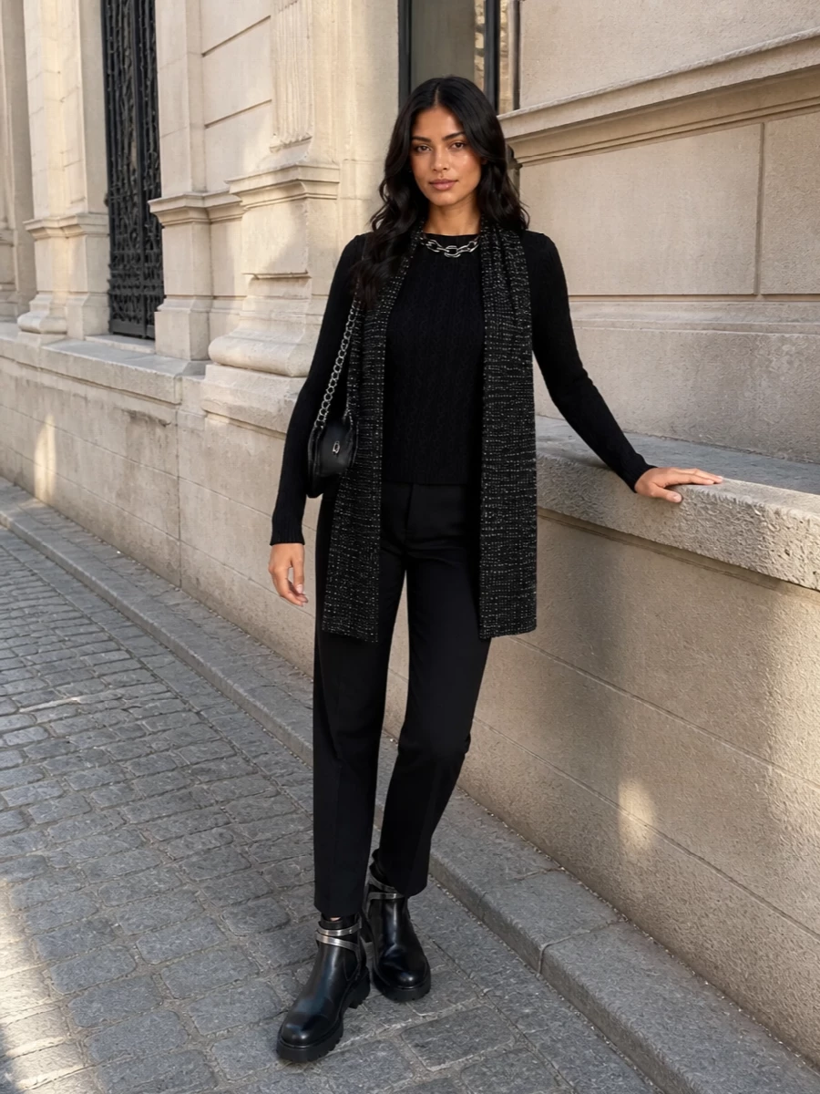 A body-skimming chain-detail knit is paired with precise black straight-leg tailoring for a clean, elongated line in deep winter tones. Chunky silver-trimmed ankle boots and a structured chain-strap shoulder bag double down on the hardware story, keeping the mood quietly subversive yet refined. A monochrome knit scarf finishes the ensemble with just enough texture to soften the sharpness without diluting its night-ready edge.