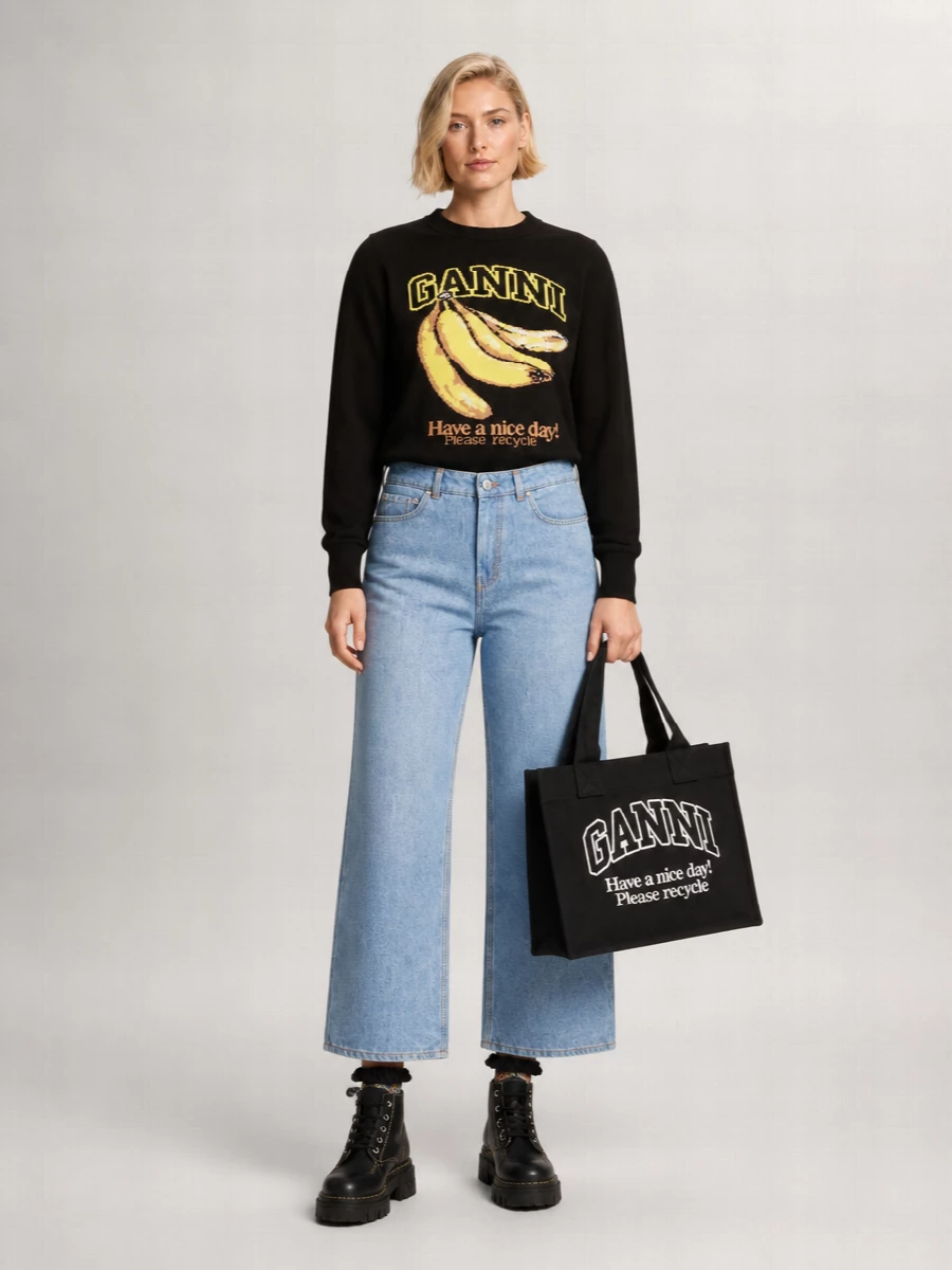 Ganni Organic Cotton Banana-Print Crewneck Jumper