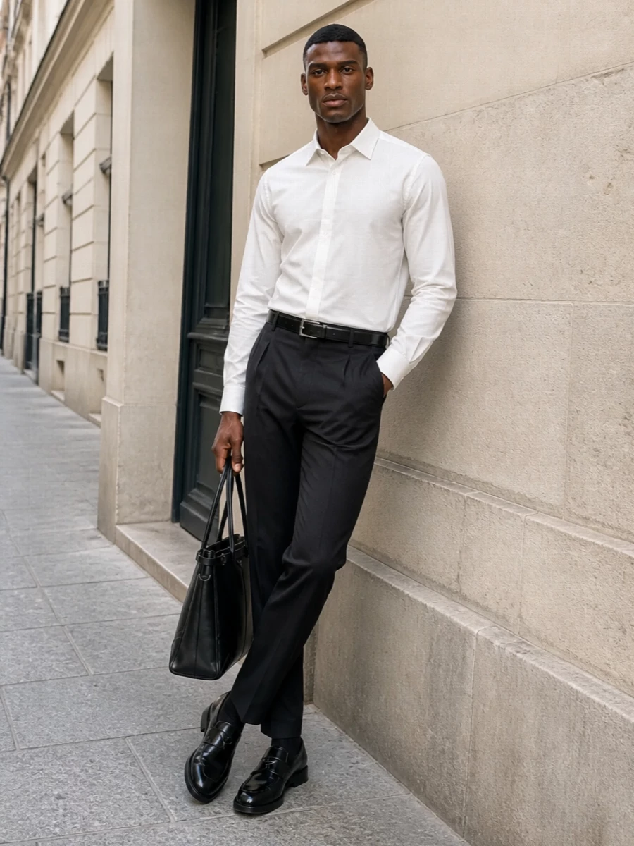 Prada poplin shirt charcoal tailored trousers outfit