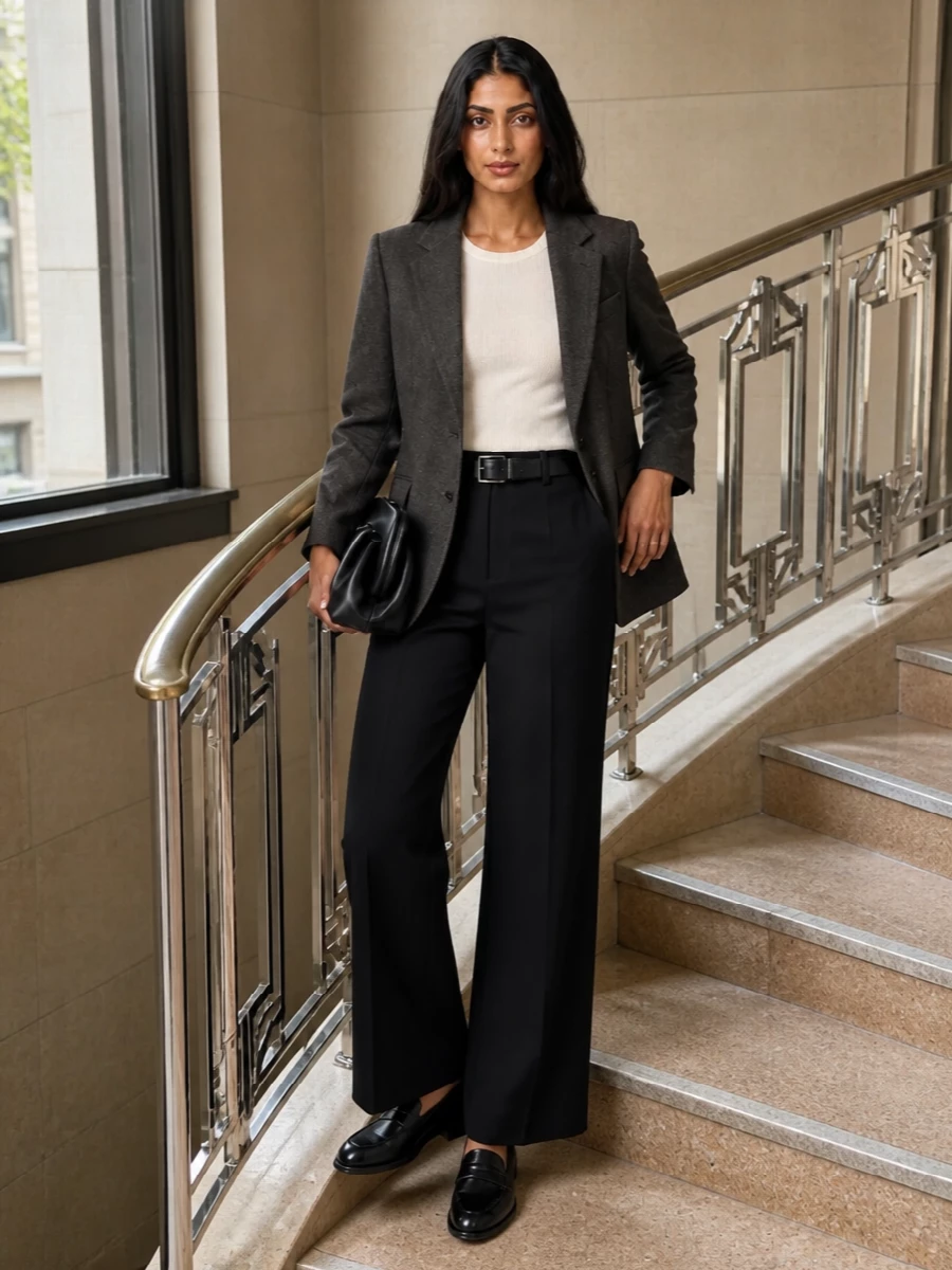 Dunst wide leg trouser charcoal blazer outfit