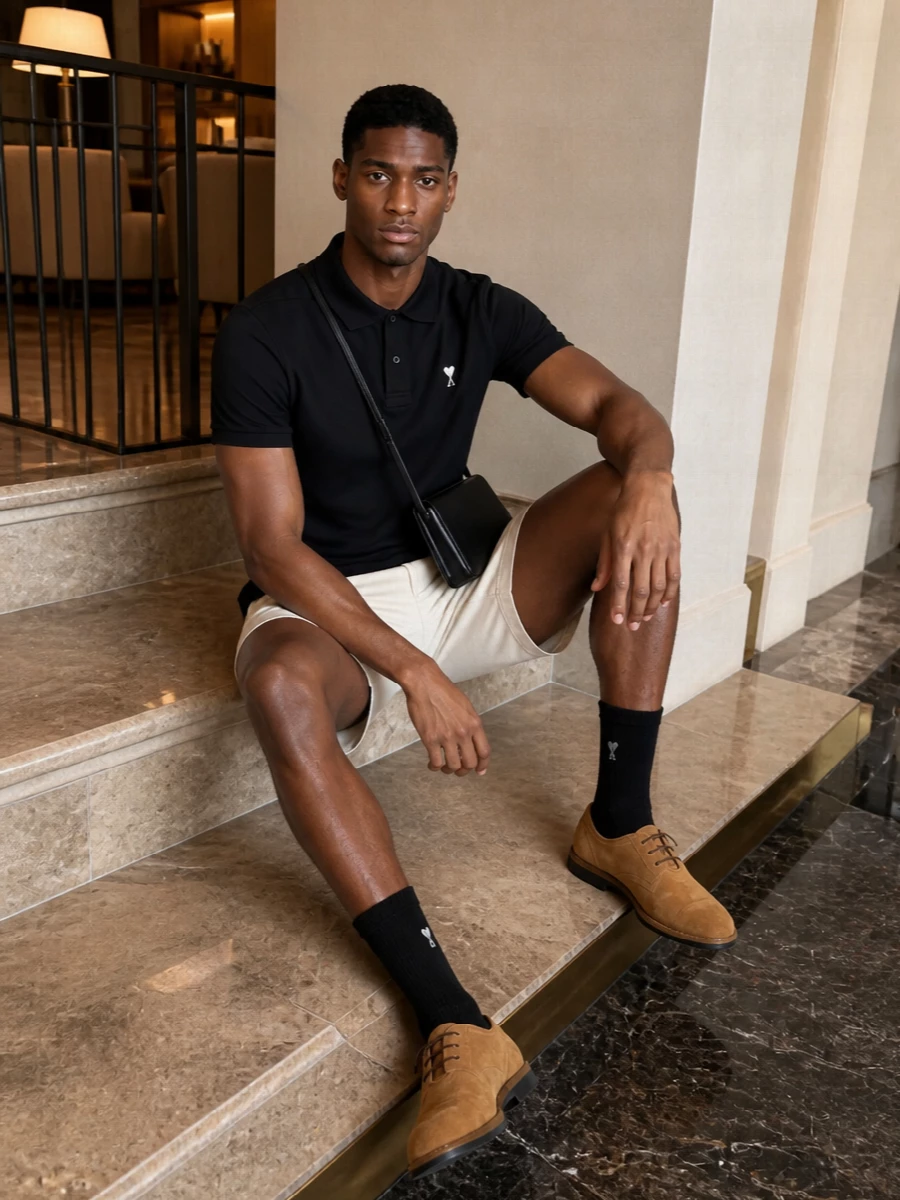 A black Ami polo sits over off-white deck shorts for a clean, preppy contrast that still feels softly tailored. Camel suede lace-ups add warmth and texture, while a slim black shoulder bag keeps the lines sharp and discreet. It is an easy city summer outfit that reads polished without feeling formal.