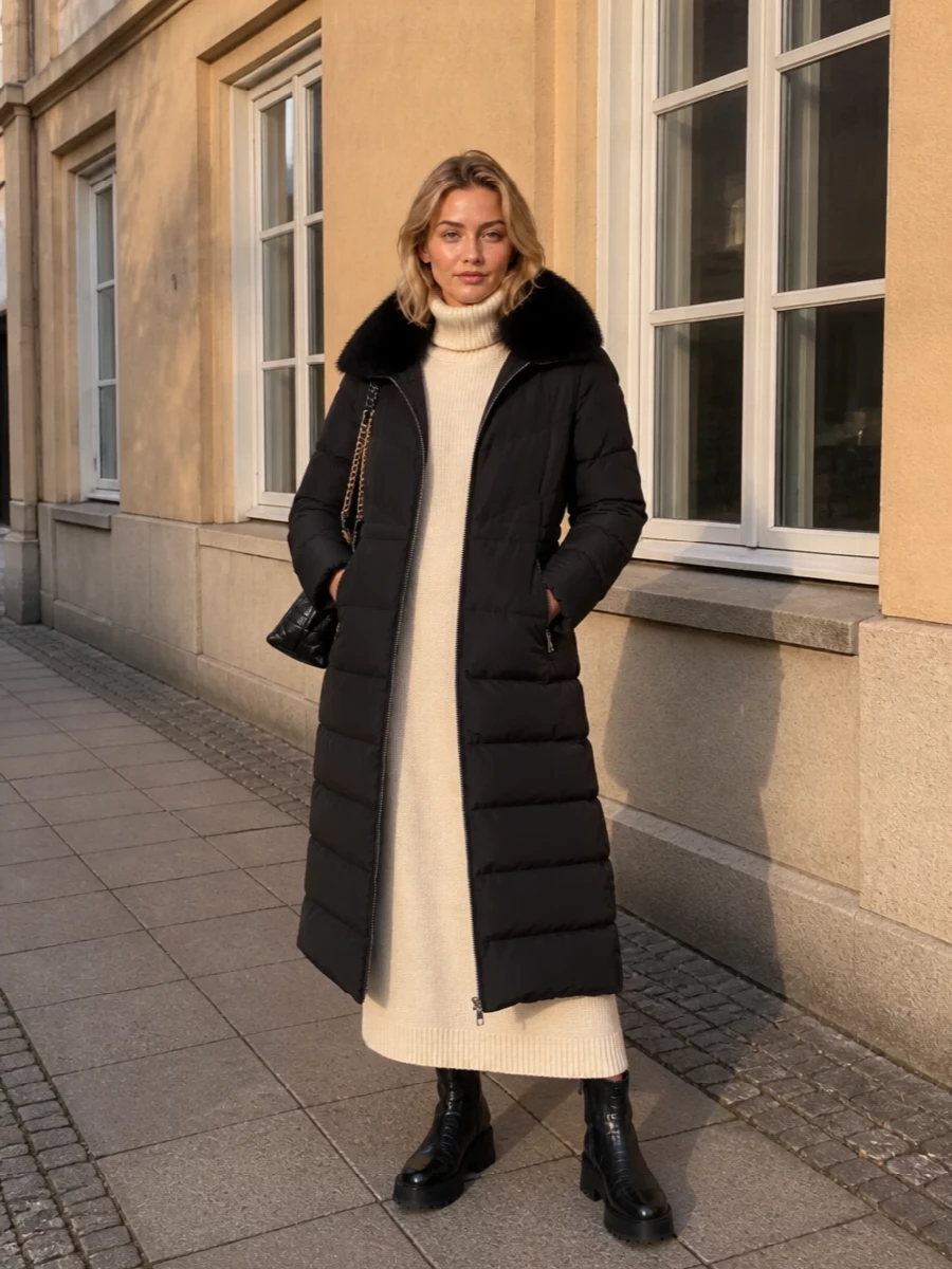 I chose the dress route so the long cream Jil Sander knit reads as one calm column under the black Moose Knuckles puffer, keeping the story minimal and quietly polished. Chunky black Marni boots and a slouchy Stella McCartney hobo reinforce the city-ready mood while staying within a refined, monochrome‑plus‑cream palette. The result is a winter uniform that feels cocooning yet intentional from commute to late dinner.