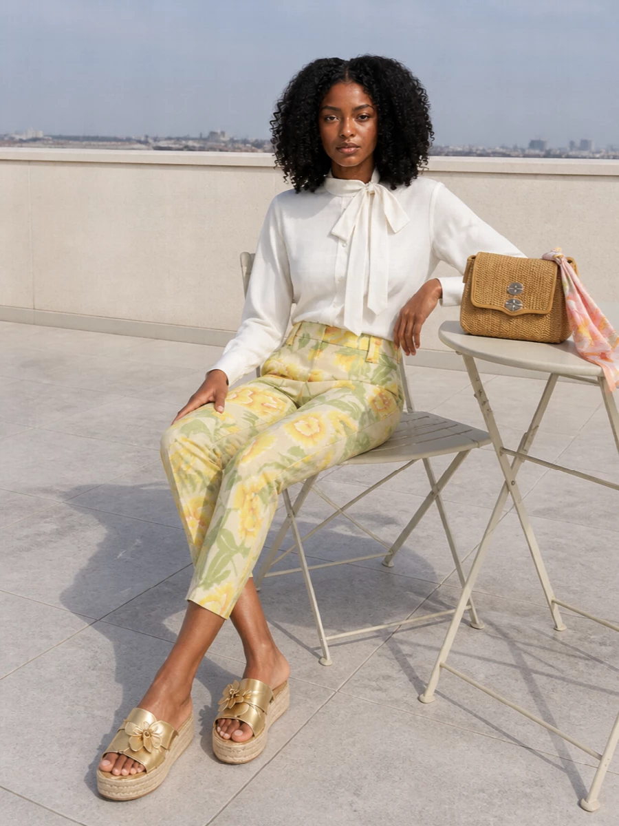 Kenzo floral trousers ivory bow shirt outfit
