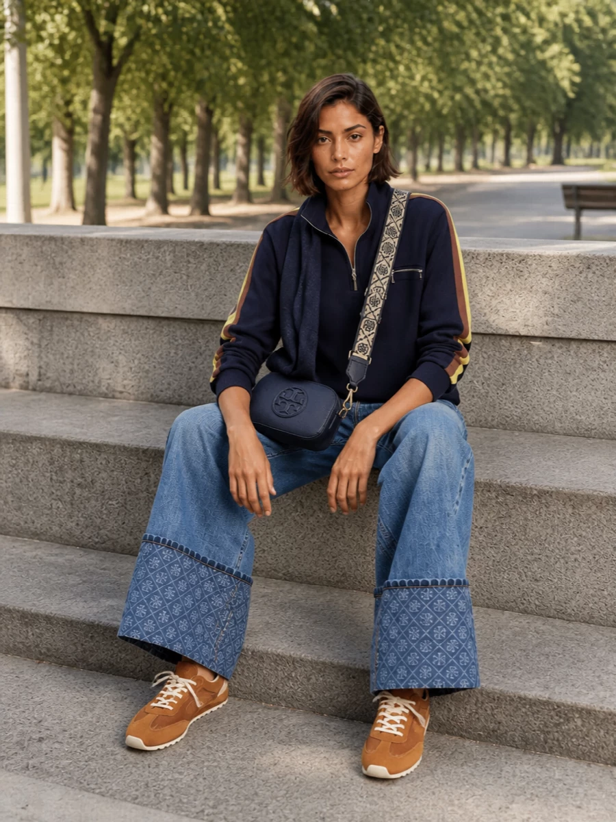 Tory burch half zip wide leg jeans sneakers