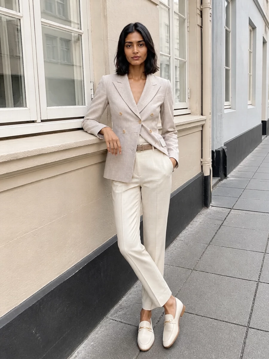 Tagliatore beige suit tods cream loafers