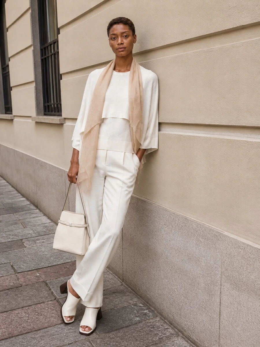 Toteme ivory cardigan wide leg trouser outfit