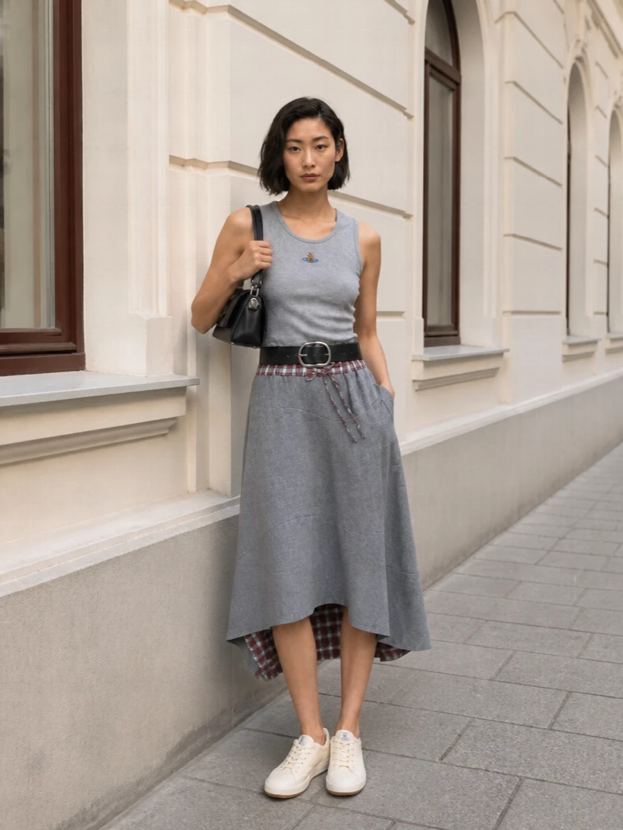 Vivienne westwood grey midi skirt tank sneakers