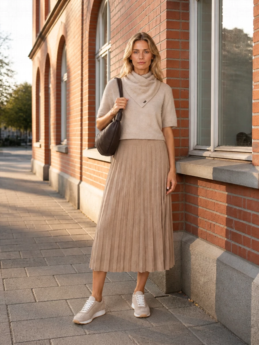 Lisa yang oatmeal sweater camel midi skirt outfit