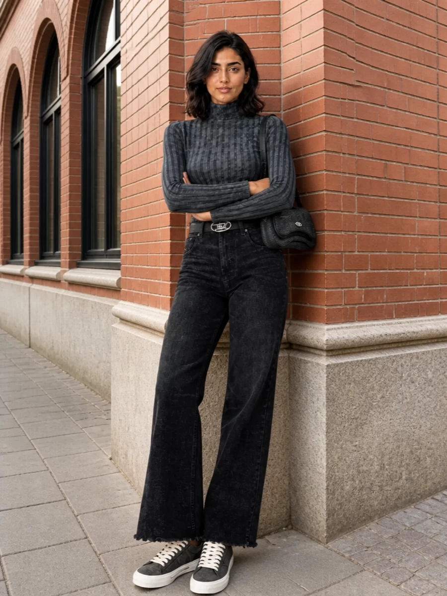 Diesel mock neck black wide leg jeans outfit