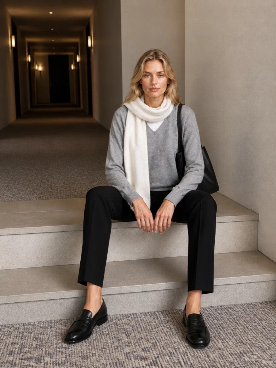 The row grey sweater black tailored trousers