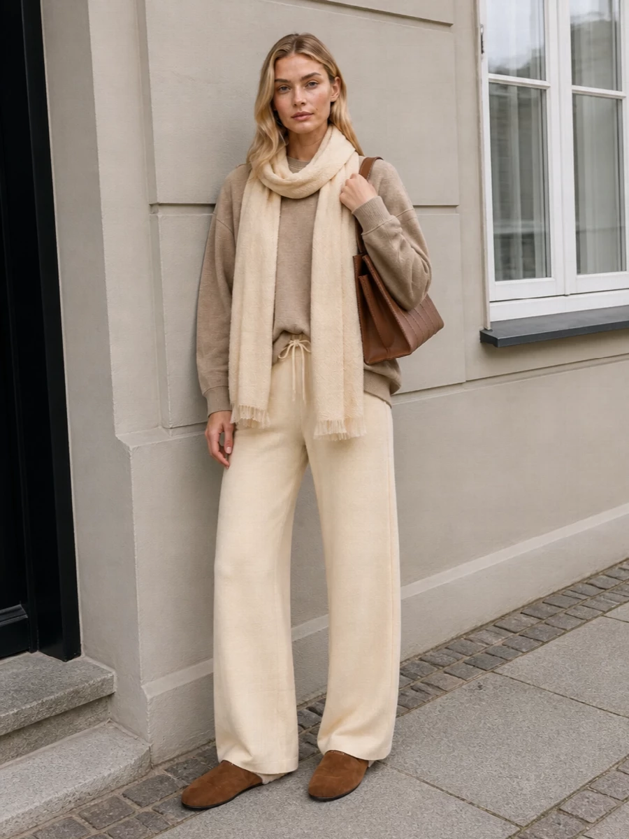 Max mara cream lounge pants camel sweatshirt outfit