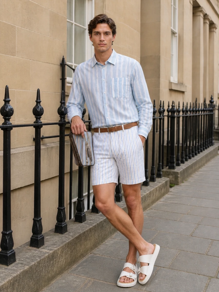 Alexander mcqueen striped shorts blue shirt outfit