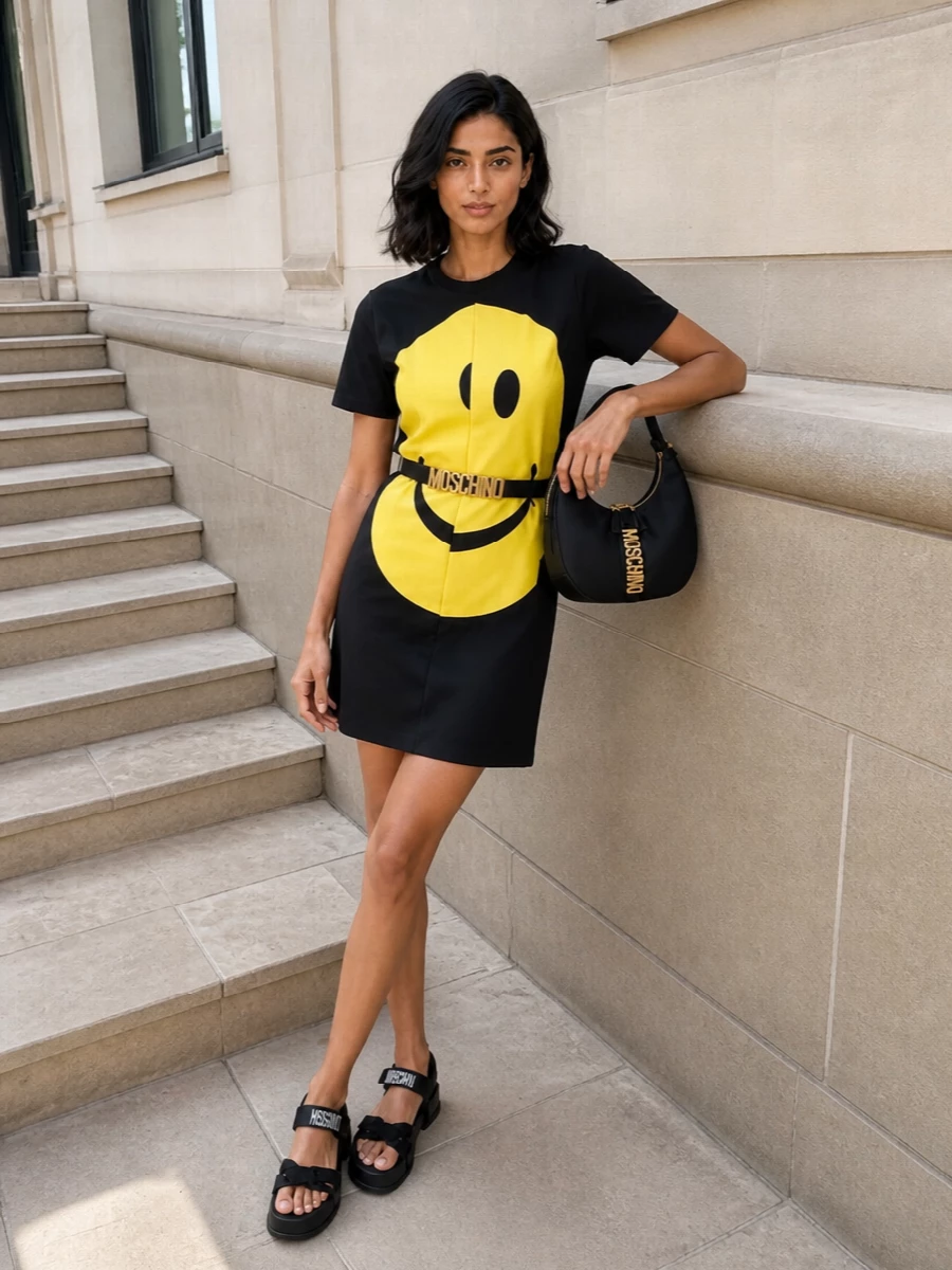 Moschino’s smiley shift becomes pure city attitude with a chunky black platform sandal and a curved logo hobo, all in tight black and gold. The slim logo belt pulls the volume in just enough, keeping the graphic front clean while adding a subtle hit of shape.